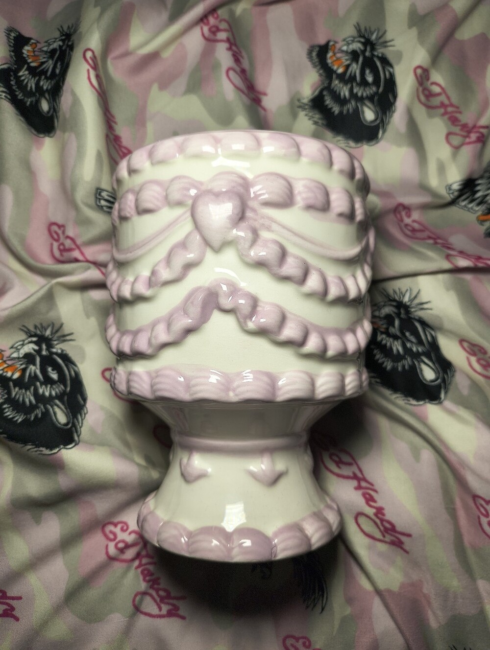 Ceramic Cake Vase Pedestal Makeup Brush Holder Purple and white